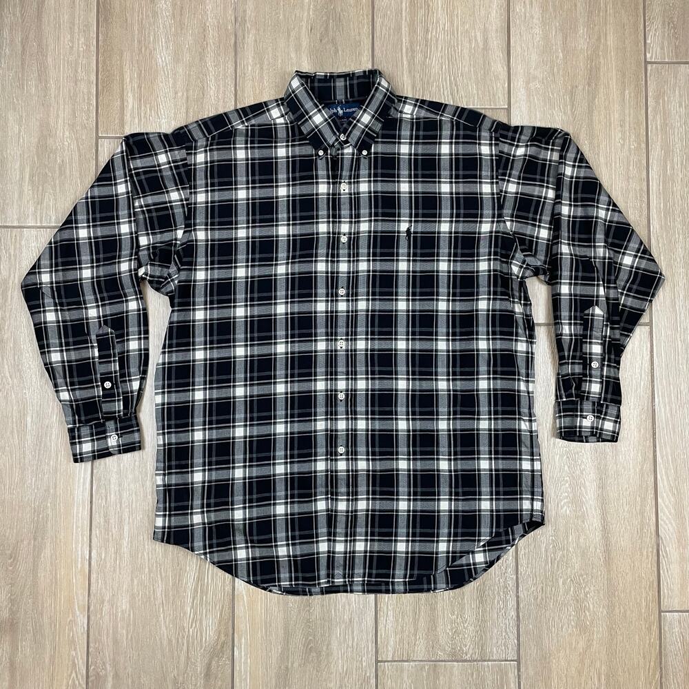 Vintage Polo Ralph Lauren Blake Shirt Men L Black White Plaid Cotton Button Down